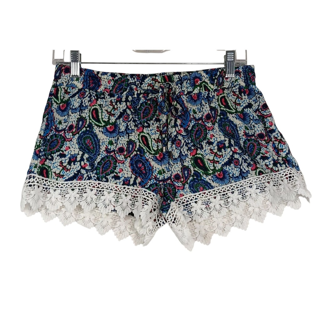 Breezer Ever Rayon Shorts Medium | Boho Lace Trim Kaleidoscope‎ Blue Summer